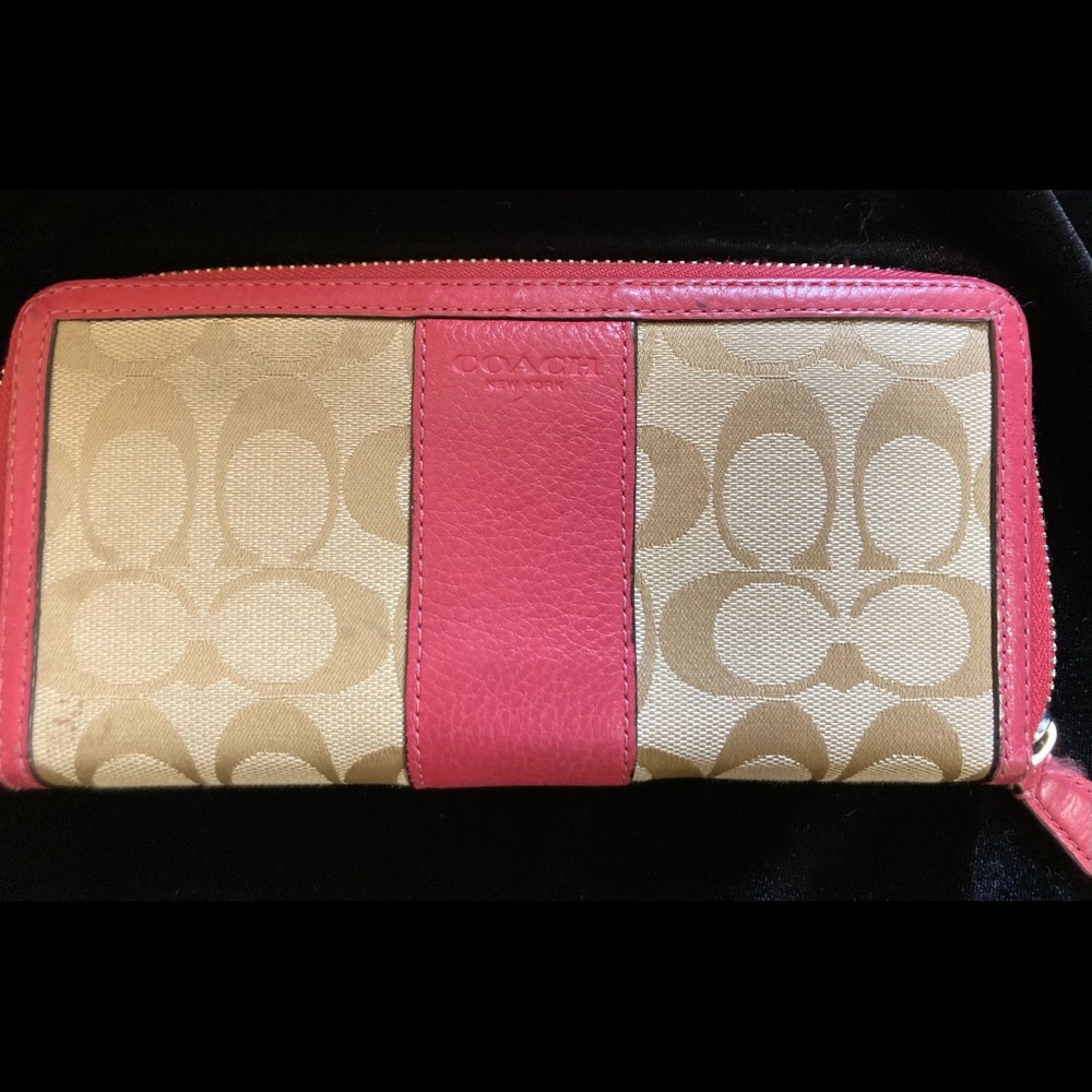 Coach Pink and Tan Signature Zip Wallet
